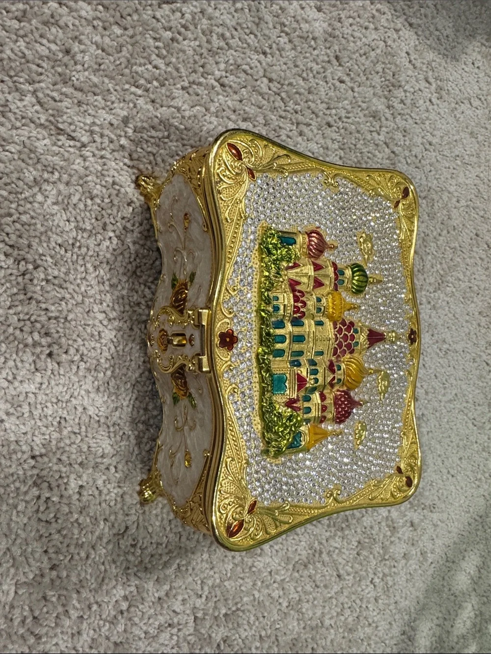 Ornate Jeweled Castle Trinket Box - Gold, White, Green, Red